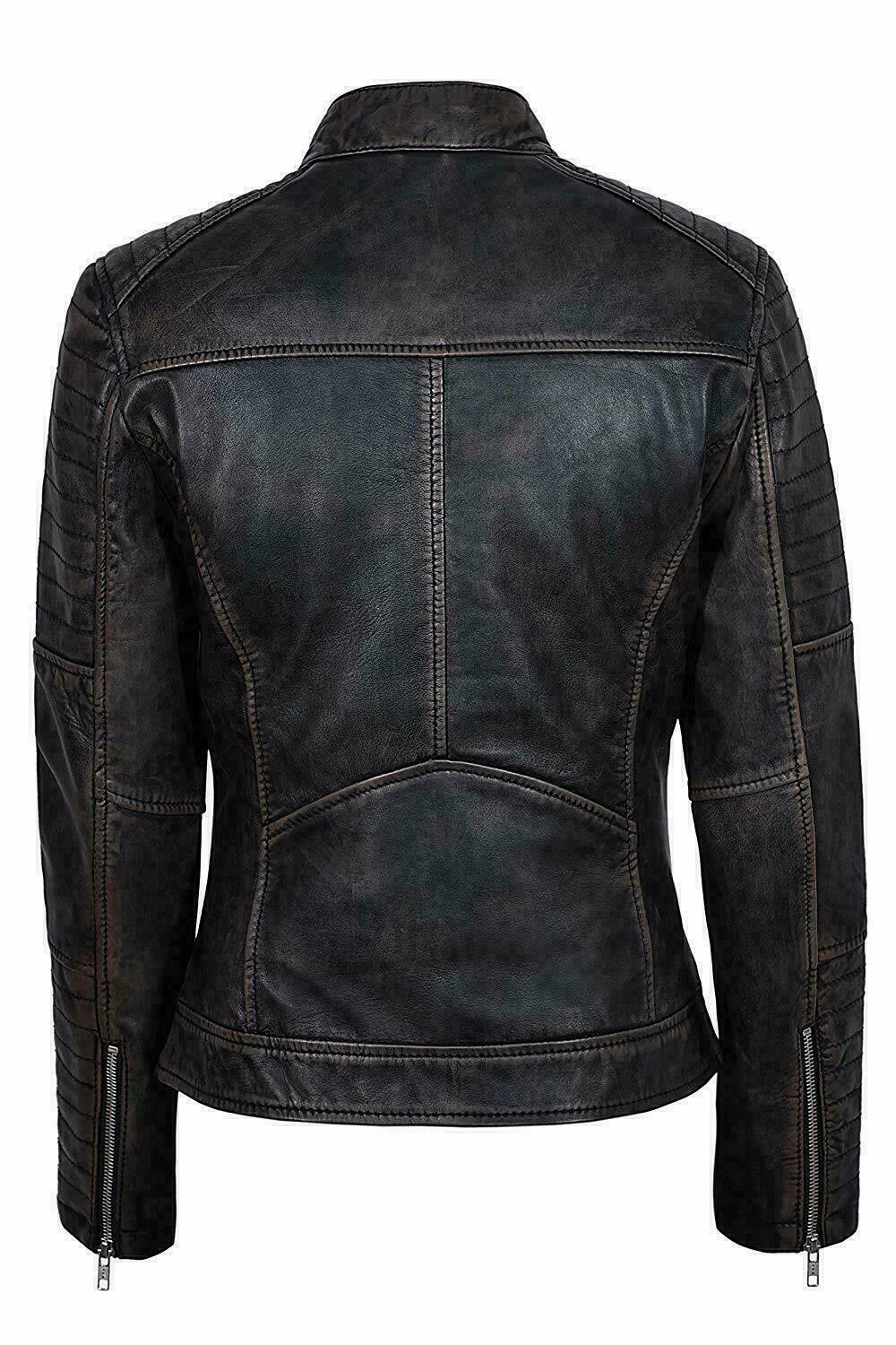 Woman Leather Biker Jacket Black Distress | Majestic Leather — collar detail | Majestic Leather UK