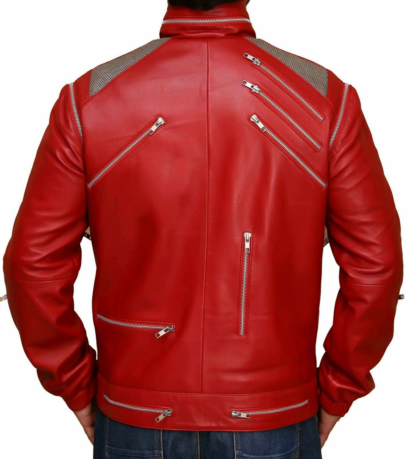 Michael Jackson Red Biker Leather Jacket | Majestic Leather — back view | Majestic Leather UK