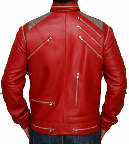 Michael Jackson Red Biker Leather Jacket | Majestic Leather — back view | Majestic Leather UK