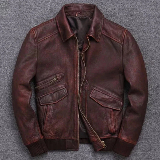 Men's Brown Biker Motorcycle Vintage Cafe Racer Real Leather Bomber Jacket