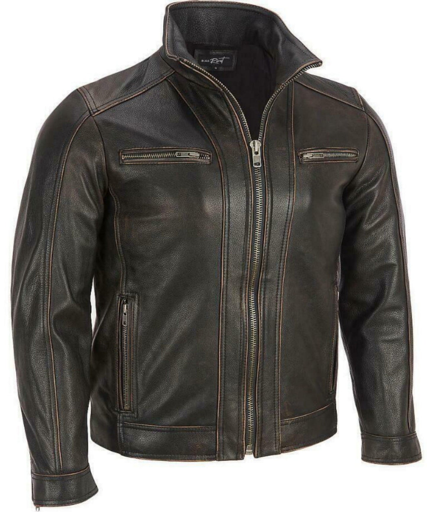 Men's Black Distress Biker Genuine Leather Jacket | Majestic Leather — front view | Majestic Leather UK
