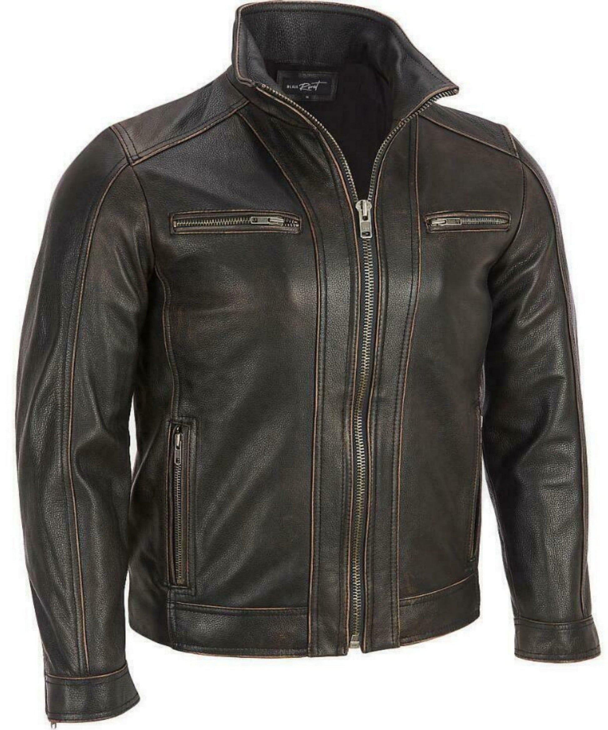 Men's Black Distress Biker Genuine Leather Jacket | Majestic Leather — front view | Majestic Leather UK