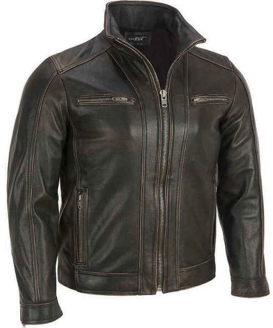 Men's Black Biker Cowhide Leather Jacket — front view | Majestic Leather UK