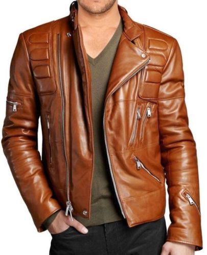 Men's Brando Cafe Racer Lambskin Brown Leather — front view | Majestic Leather UK