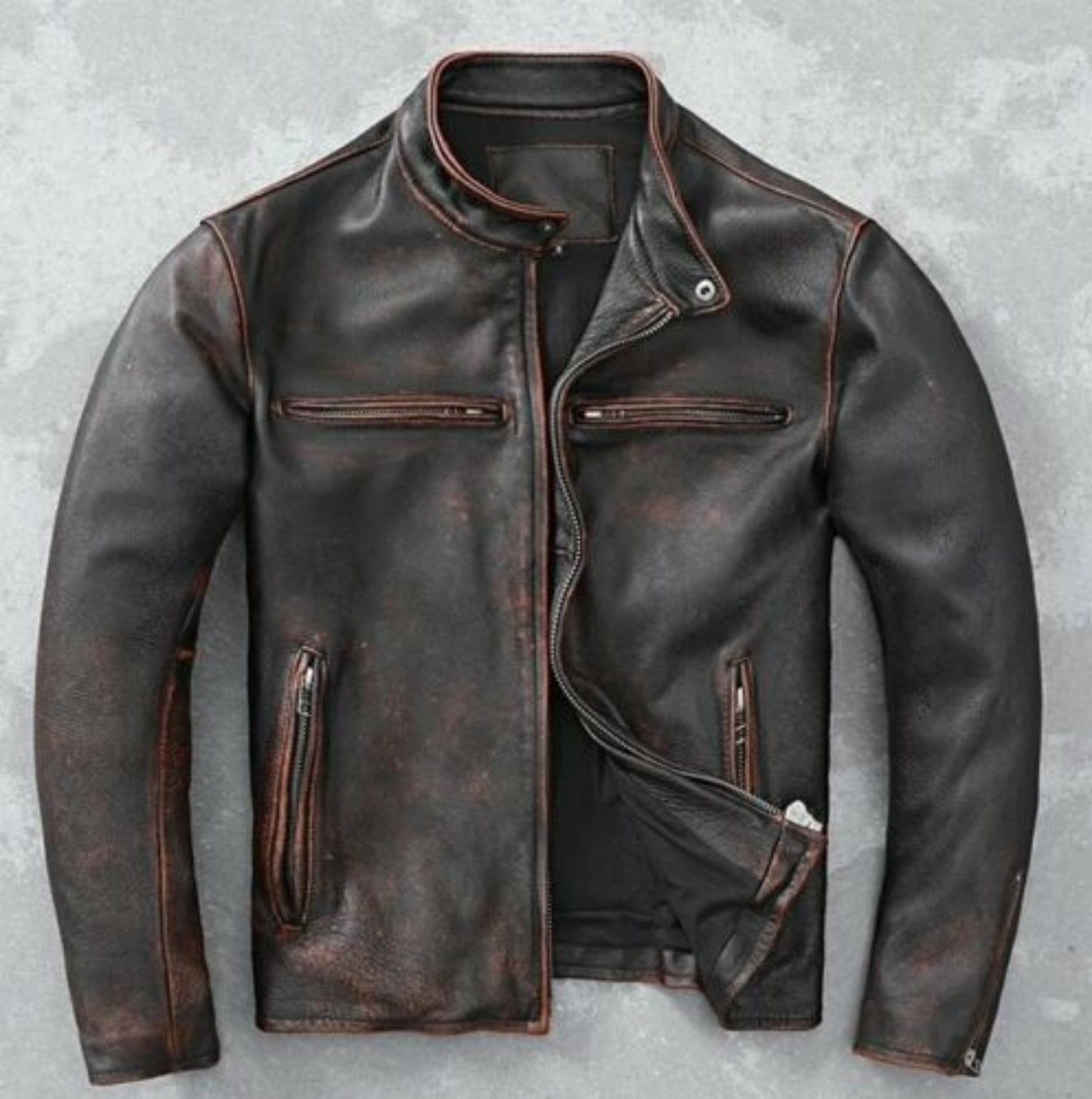 Men's Cafe Racer Distressed Black Leather Jacket | Majestic Leather — side profile | Majestic Leather UK