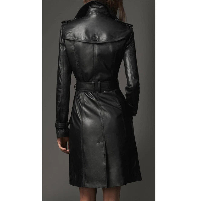 New Ladies Women Black Genuine Real Leather Trench Coat - BNWT