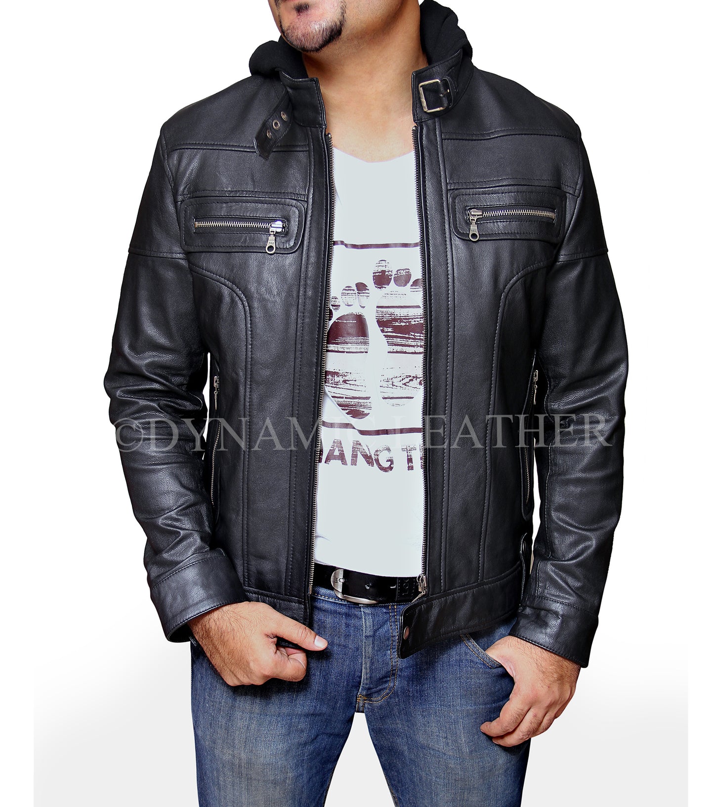 New Men's Terminator Racing Style Genuine Real Leather Jacket Black Bomber Winter Hooded Jacket Majestic Leather