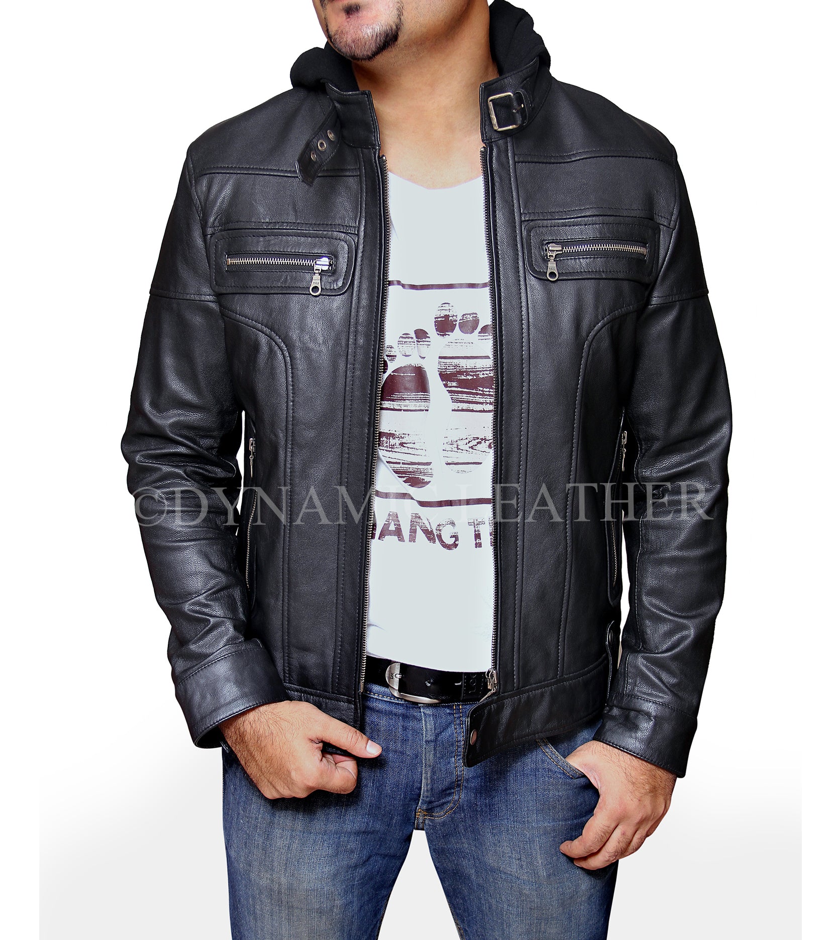 New Men's Terminator Racing Style Genuine Real Leather Jacket Black Bomber Winter Hooded Jacket Majestic Leather
