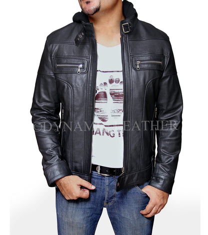 New Men's Terminator Racing Style Genuine Real Leather Jacket Black Bomber Winter Hooded Jacket Majestic Leather