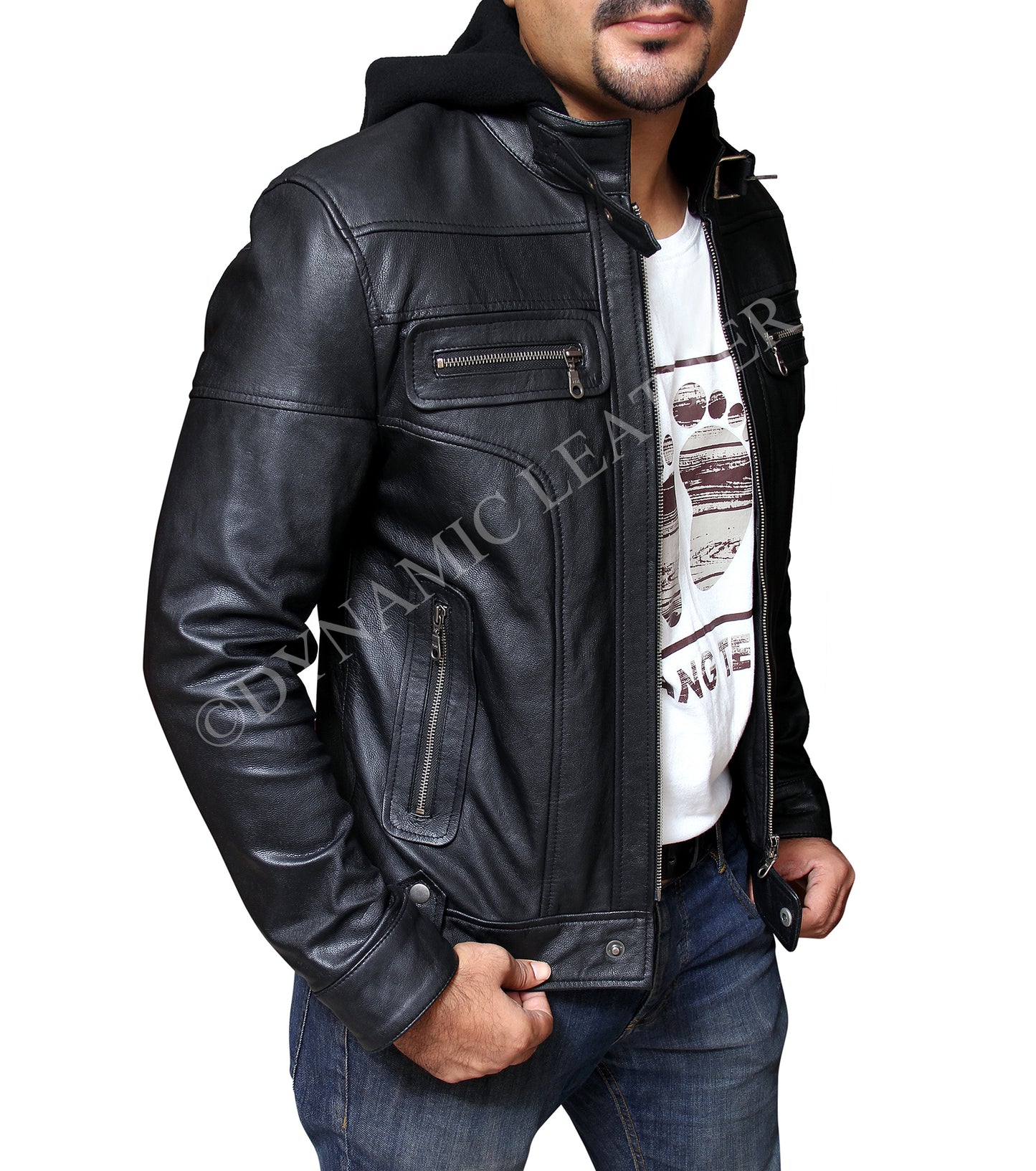 New Men's Terminator Racing Style Genuine Real Leather Jacket Black Bomber Winter Hooded Jacket Majestic Leather