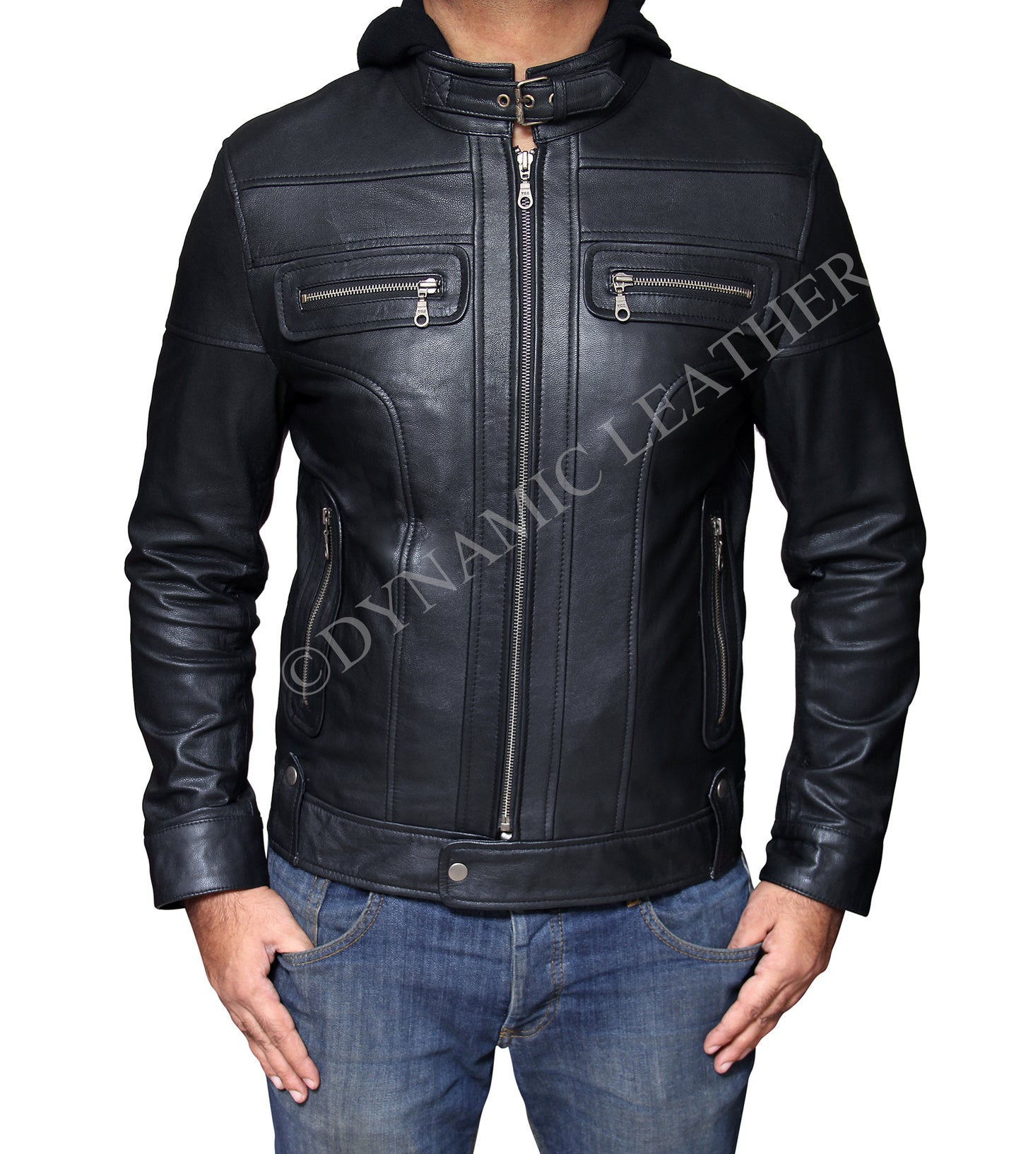 New Men's Terminator Racing Style Genuine Real Leather Jacket Black Bomber Winter Hooded Jacket Majestic Leather