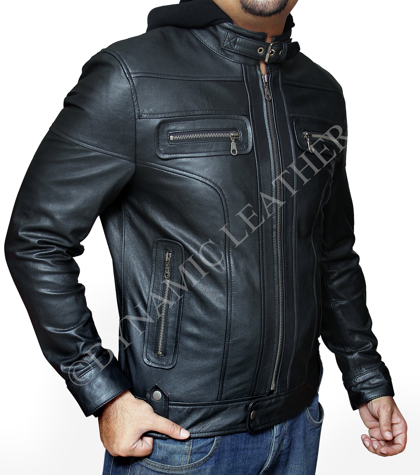 New Men's Terminator Racing Style Genuine Real Leather Jacket Black Bomber Winter Hooded Jacket Majestic Leather