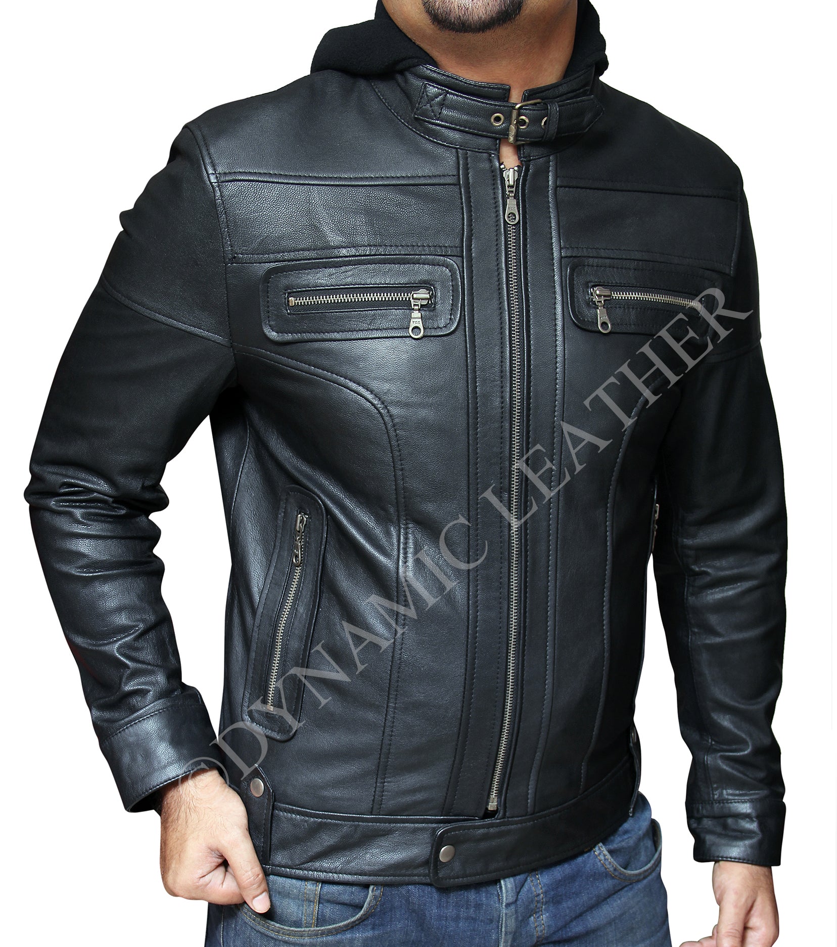 New Men's Terminator Racing Style Genuine Real Leather Jacket Black Bomber Winter Hooded Jacket Majestic Leather