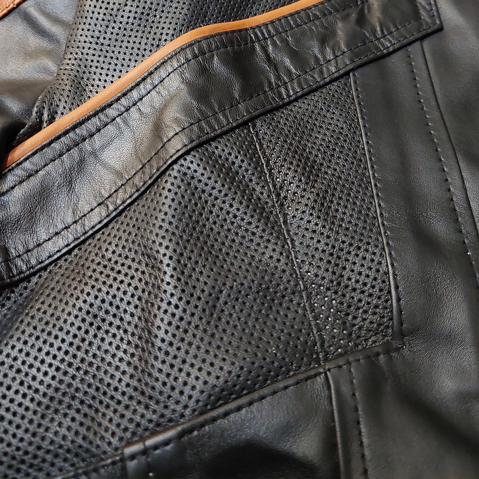 Women Biker - Star Trek Picard Jacket Raffi Musiker Cosplay Real Leather Tan Perforated Jacket — sleeve detail | Majestic Lea