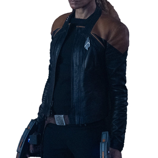 Women Biker - Star Trek Picard Jacket Raffi Musiker Cosplay Real Leather Tan Perforated Jacket — front view | Majestic Leathe