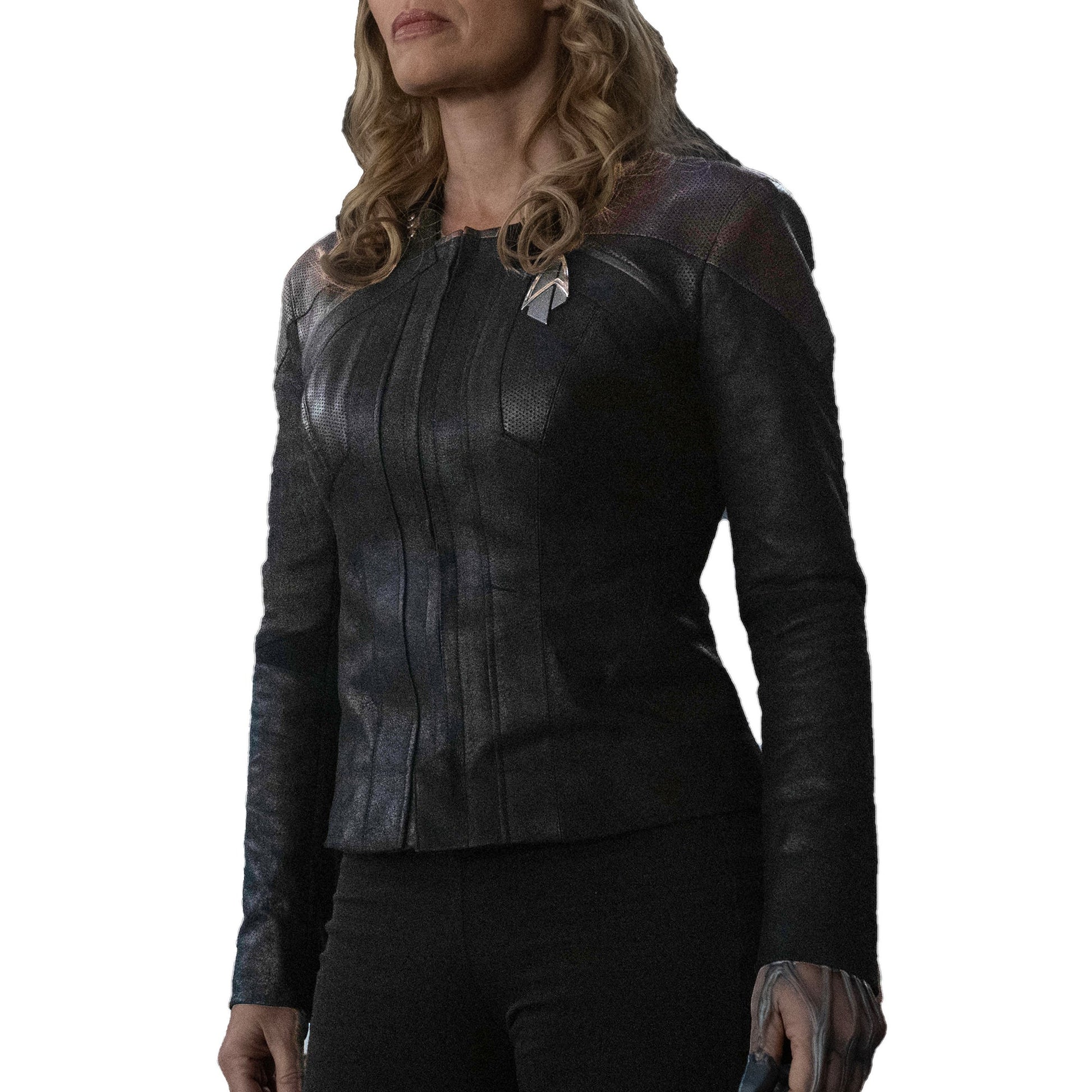 Women Biker - Star Trek Picard Jacket Seven of Nine Cosplay Jeri Ryan Real Leather Perforated Jacket — front view | Majestic 