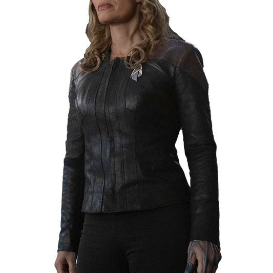Women Biker - Star Trek Picard Jacket Seven of Nine Cosplay Jeri Ryan Real Leather Perforated Jacket — front view | Majestic 