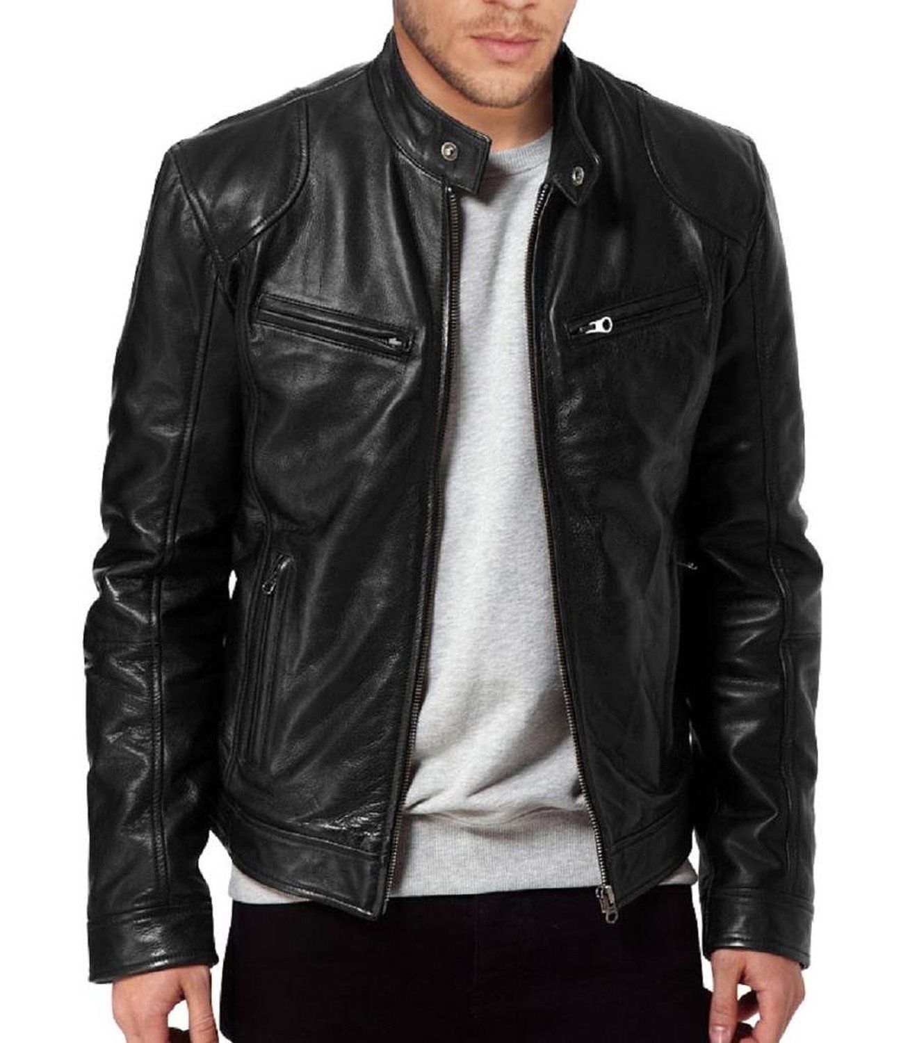 Majestic Leather - Men’s New Biker Motorcycle Sword Retro Real Leather Black Jacket Majestic Leather