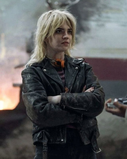 Natalie Yellowjackets Celebrity Black Leather Jacket — back view | Majestic Leather UK