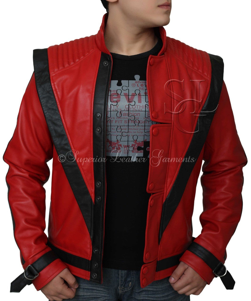 Michael Jackson Thriller Red Leather Jacket | Majestic Leather — back view | Majestic Leather UK