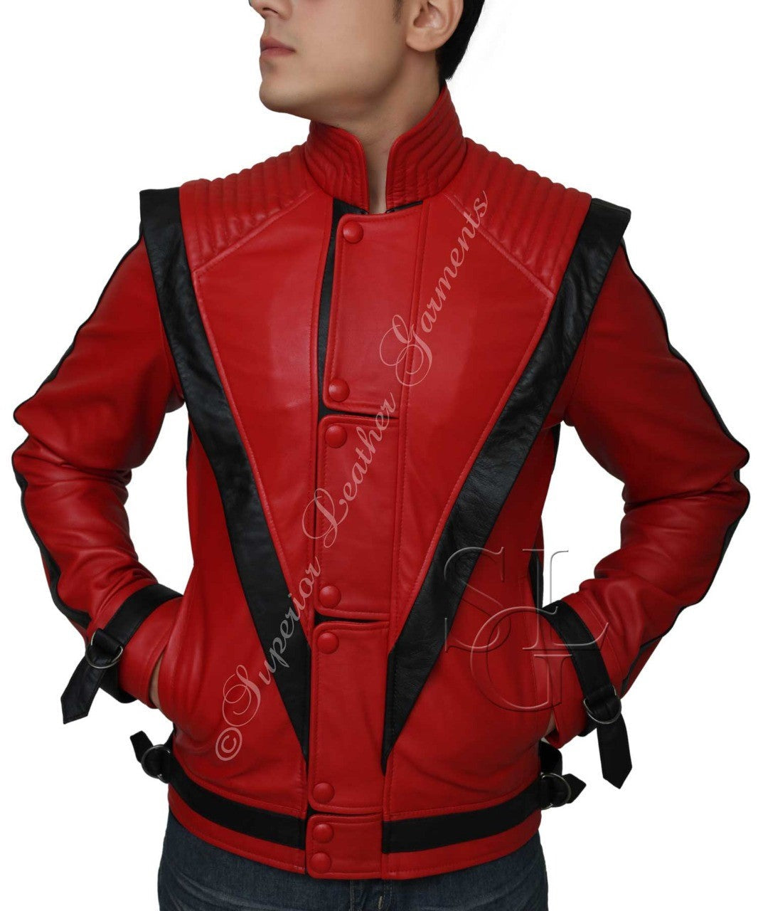 Michael Jackson Thriller Red Leather Jacket | Majestic Leather — side profile | Majestic Leather UK