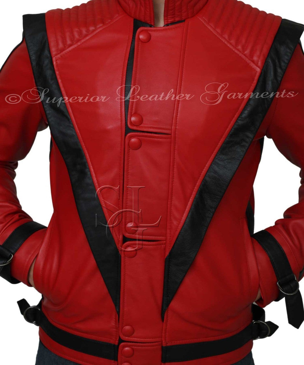Michael Jackson Thriller Red Leather Jacket | Majestic Leather — sleeve detail | Majestic Leather UK