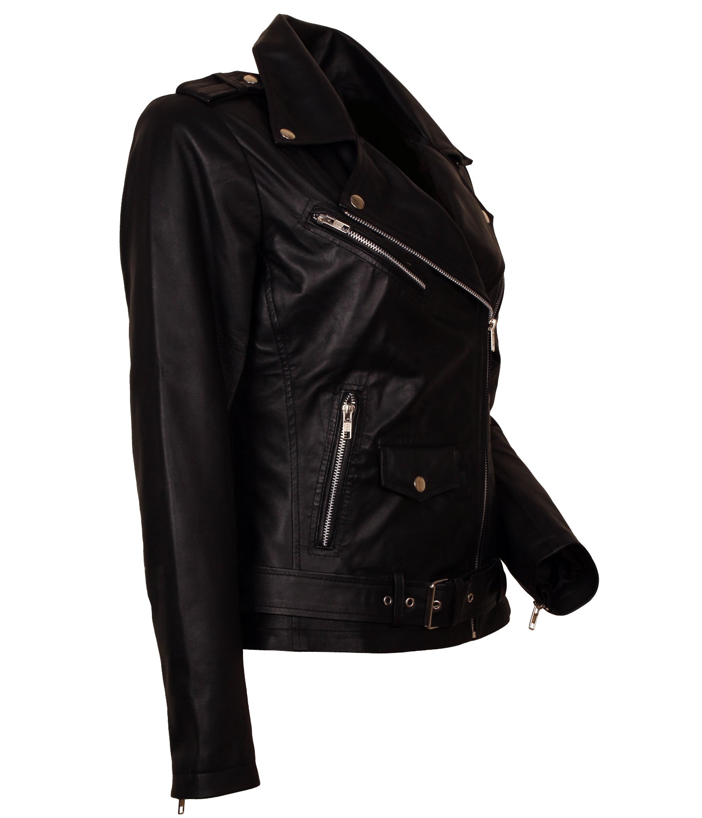 Women Biker - Black Belted Leather Jacket Women Bikers — collar detail | Majestic Leather UK