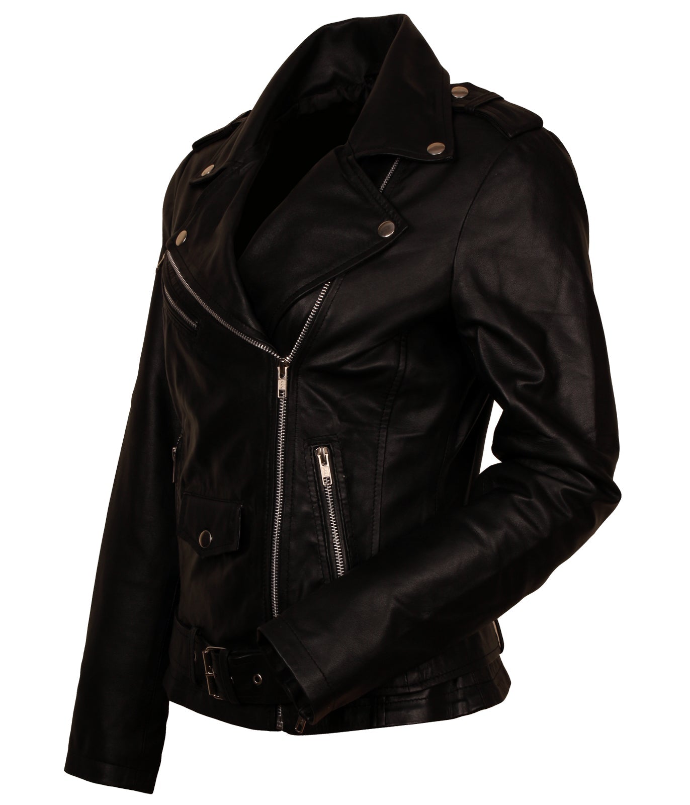 Women Biker - Black Belted Leather Jacket Women Bikers — side profile | Majestic Leather UK