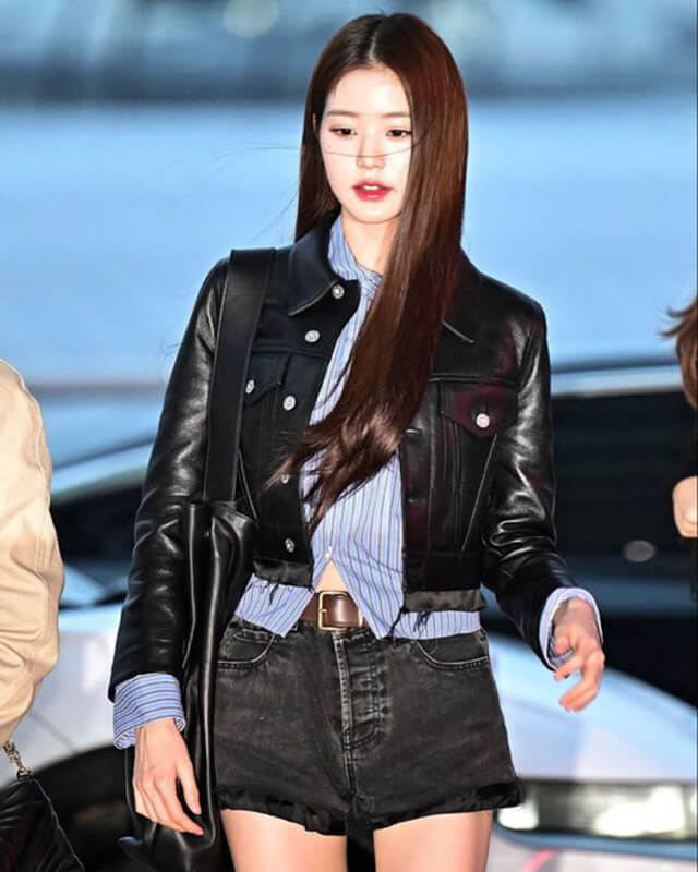 Women Biker - Jang Won-young Cropped Trucker Jacket — front view | Majestic Leather UK