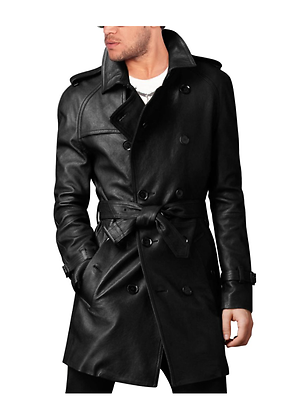 MEN'S STYLISH BELTED BLACK LONG COAT, LEATHER TRENCH COAT, PEA COAT-BNWT