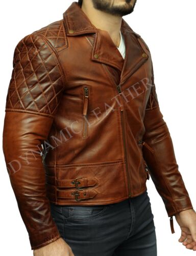 Herren Biker Motorrad Vintage Distressed Braun Winter Lederjacke