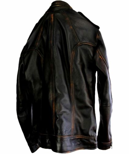 Herren Biker Motorrad Vintage Cafe Racer Distressed Schwarz Echtlederjacke 