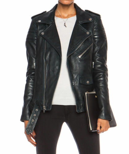 Women Leather Jacket Black Slim Fit Biker Motorcycle lambskin-All Sizes