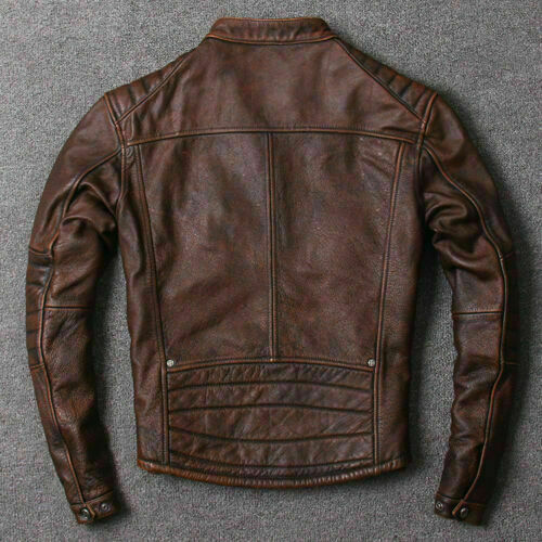 Men Motorcycle Leather Distressed Real Leather Jacket Brown Fashion Biker