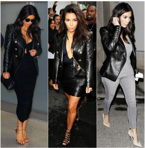 Women's Black Kim Kardashian Genuine Leather Double Breasted Jacket