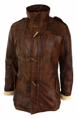 Mens Real Leather Hood Duffle Safari Fur Long 3/4 Brown Tan Winter Jacket