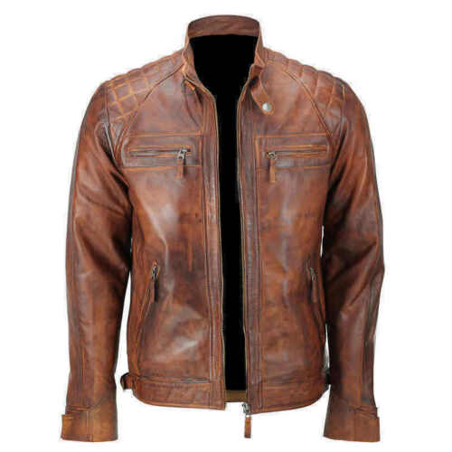 Rétro Hommes Fermeture Éclair Veste Motard Véritable Cuir Noir / Marron Rub Off