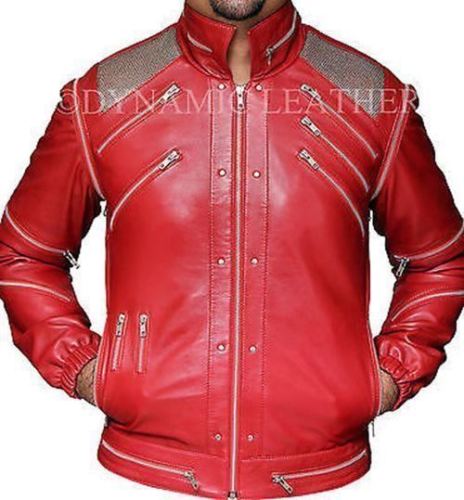 Michael Jackson Beat It rote " MJ " Echtleder Jacke mit ECHT METALL NETZ
