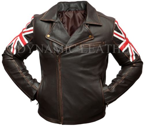 Mens Biker Vintage Distressed Brown Union Jack 2 Cafe Racer Leather Jacket