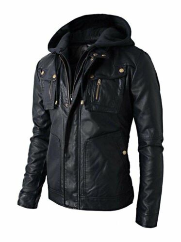 Neu Herren Motorrad Brando Style Biker Echtleder Kapuzenjacke - Abnehmbare