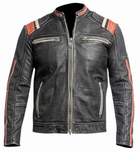Mens Biker Retro Vintage Cafe Racer Antique Motorcycle Distressed Leather Jacket