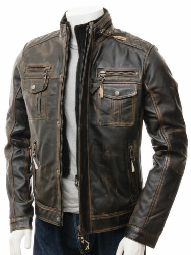 Mens Vintage Distressed Faded Seams Cafe Racer Cowhide Leather Jacket