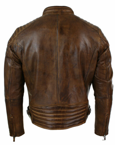 Mens Vintage Biker Style Moto Biker Cafe Racer Brown Distressed Leather Jacket