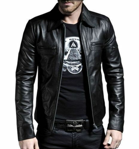 Homme Véritable Cuir D'Agneau Veste Moto Slim Veste Motard