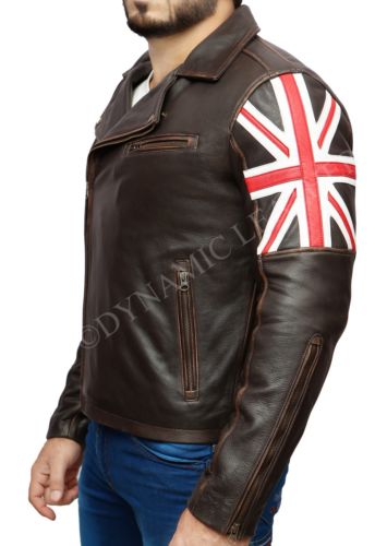 Mens Biker Vintage Distressed Brown Union Jack 2 Cafe Racer Leather Jacket