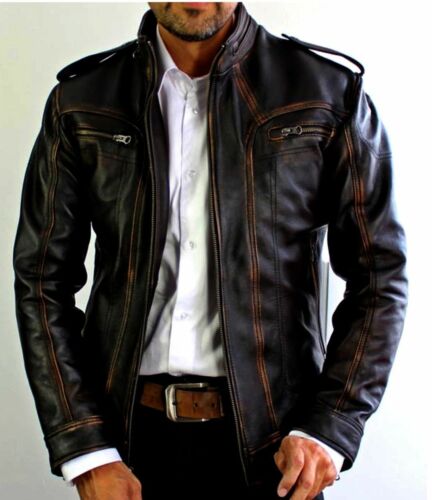 Herren Biker Motorrad Vintage Cafe Racer Distressed Schwarz Echtlederjacke 