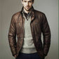 Men's Handmade Vintage Standup Collar Brown Motorcycle Cafe Racer Leather Jacket