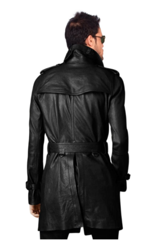 homme élégant avec ceinture noir manteau long, cuir Trench-coat, pois coat-bnwt