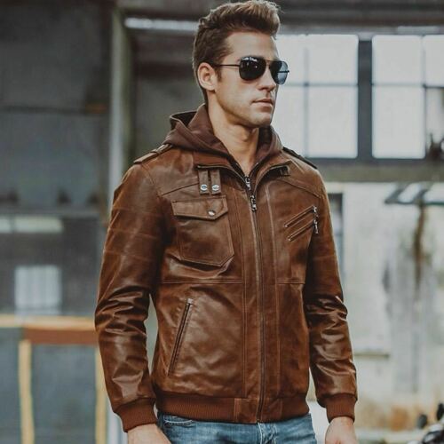 Mens Biker Vintage Brown Motorcycle Cafe Racer Real Leather Detach Hood Jacket