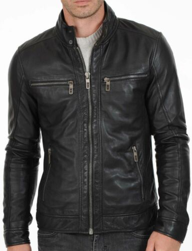 Herren Echtes Lammleder Motorrad Slim Fit Jacke Bomber Bikerjacke